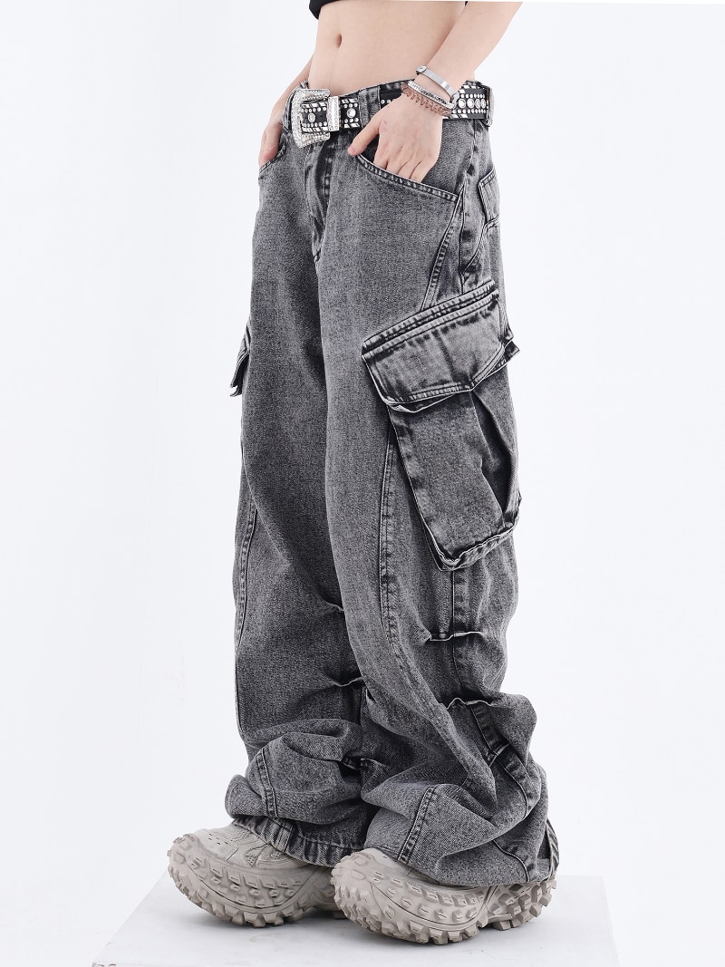 Cargo Pants Women Jeans High Street Vintage Washed High Waisted
